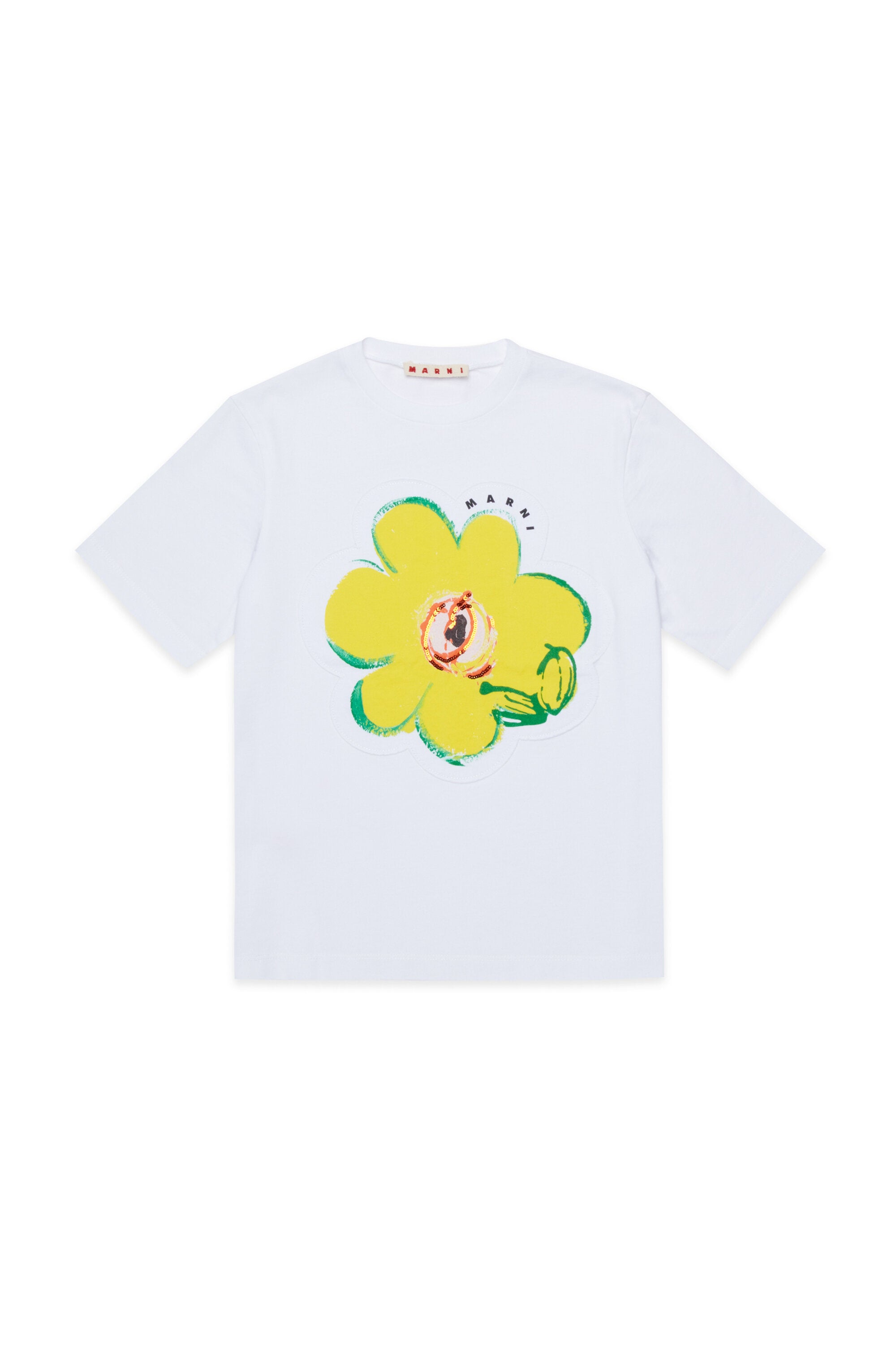 T-Shirt mit aufgesetzter Blume und Logo