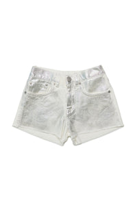 White metallic effect denim shorts