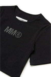 T-shirt a costine con logo MM6 glitterato