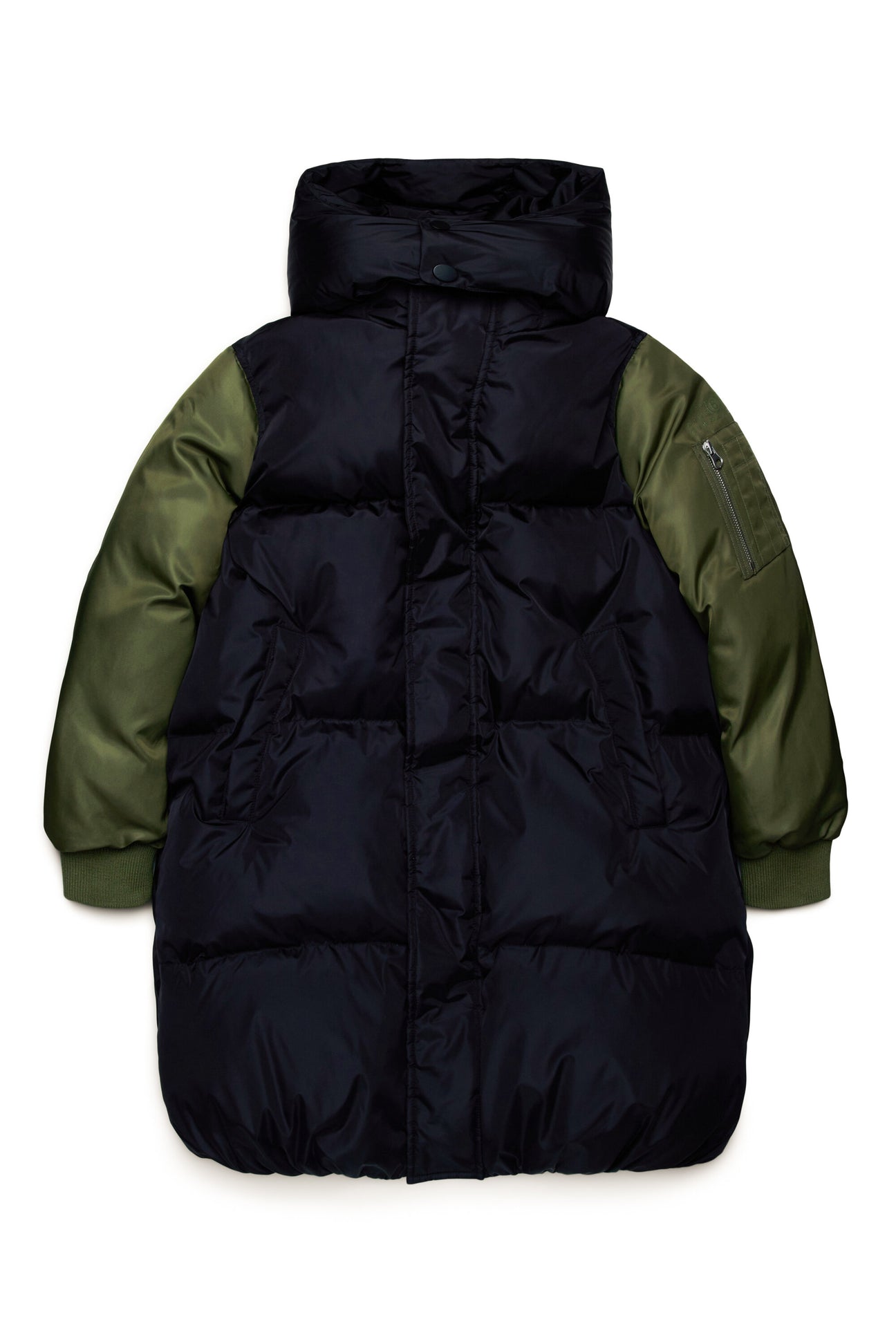 Long two-tone padded jacket with bomber sleeves 