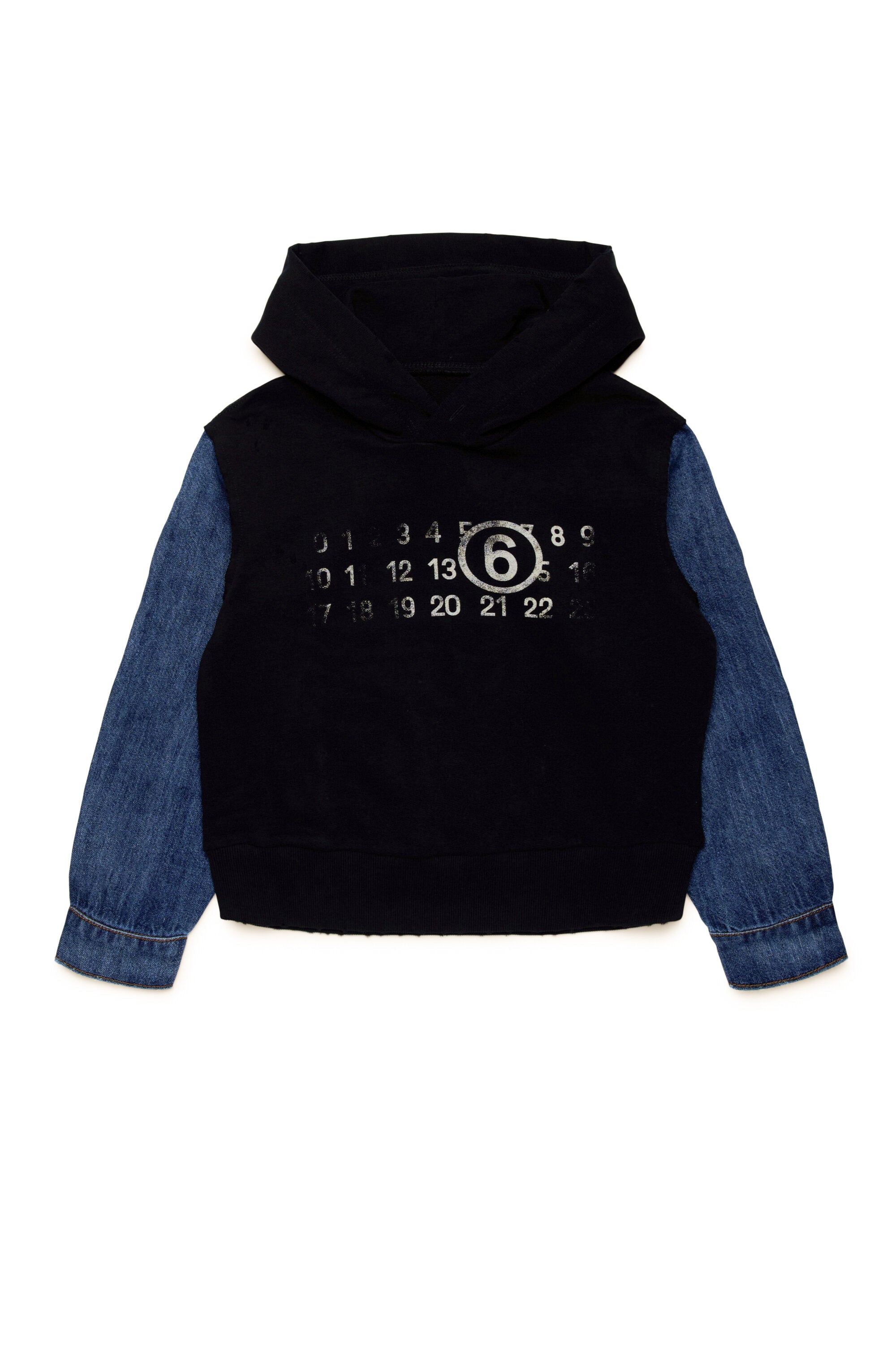 Hooded sweatshirt with denim sleeves