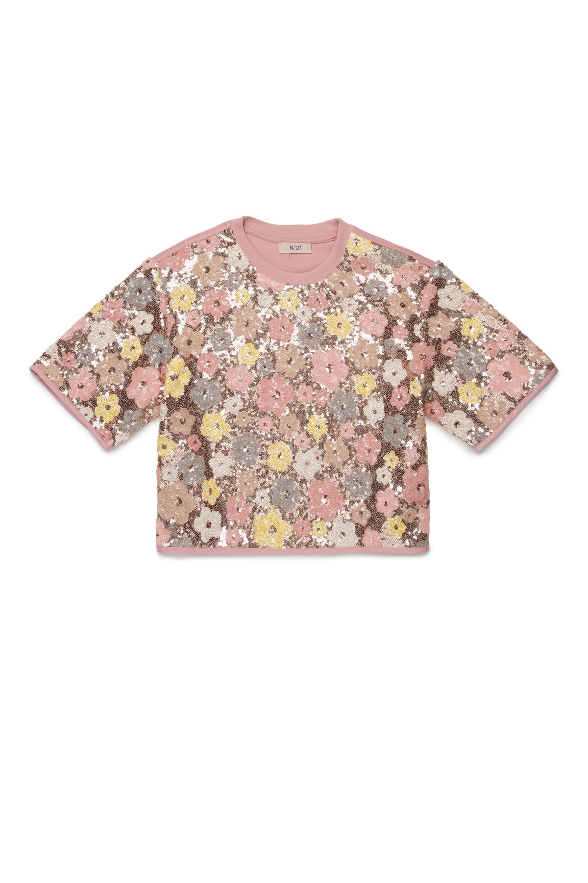 T-shirt girocollo con paillettes floreali