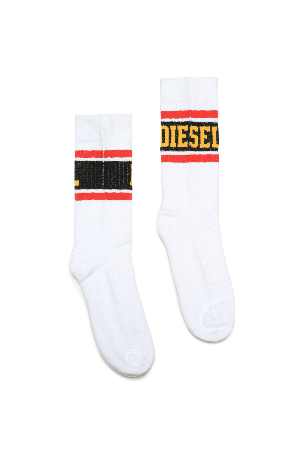 White socks with yellow and black logo