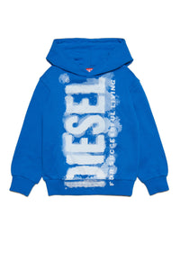 Blue hooded sweatshirt with watercolor effect logo
