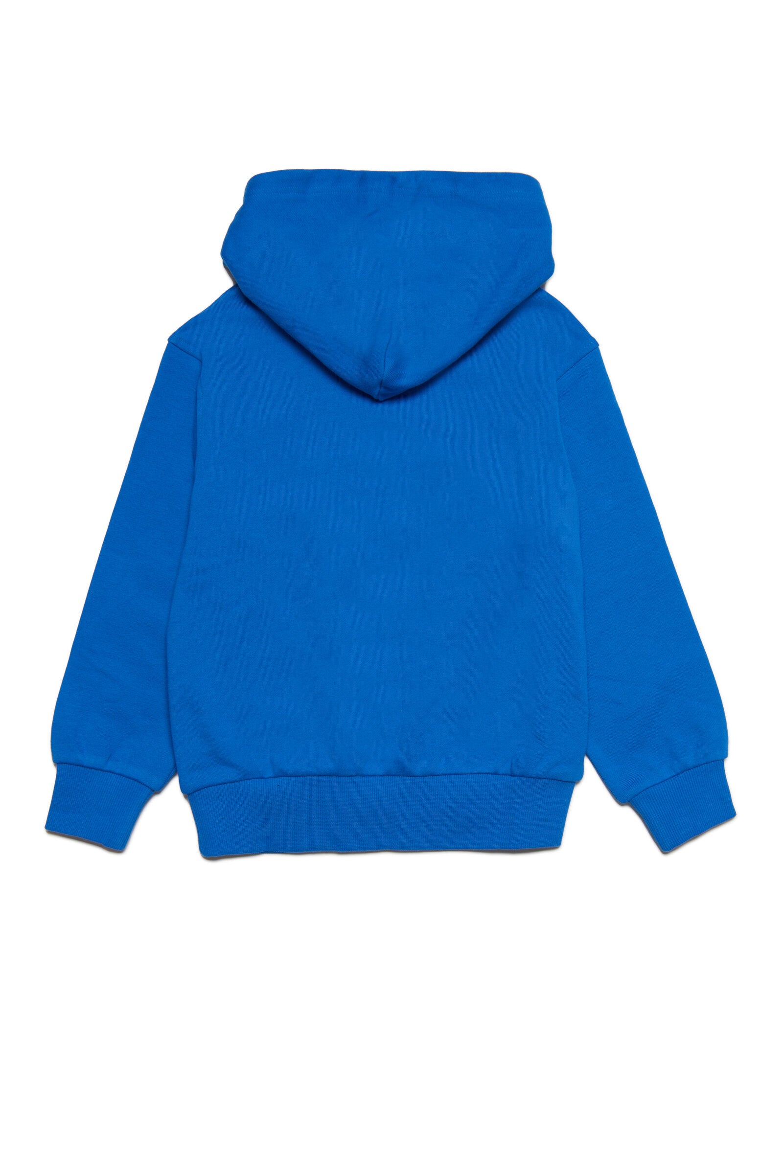 Blue hooded sweatshirt with watercolor effect logo