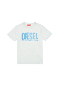 Blue cotton T-shirt with faded effect logo