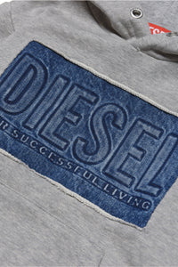 Gray sweatshirt with denim insert with embossed logo