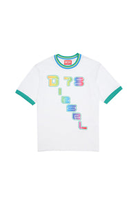 White basketball T-shirt with rainbow logo and fit over