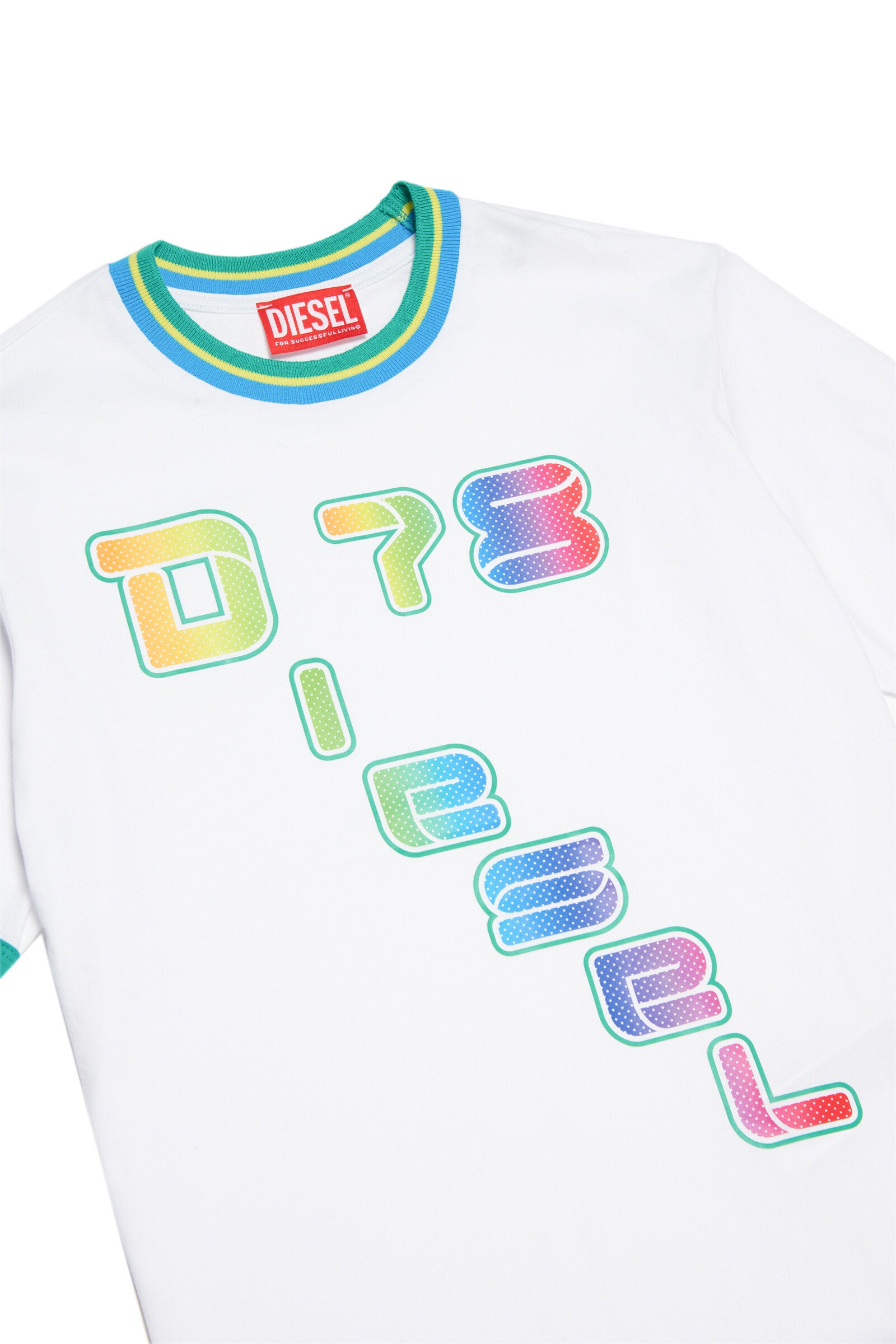 White basketball T-shirt with rainbow logo and fit over