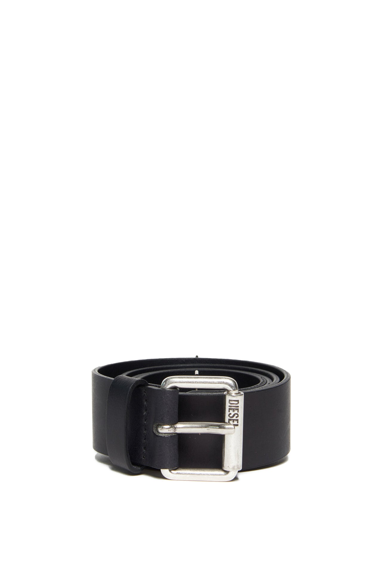 Black leather belt with logo on buckle 