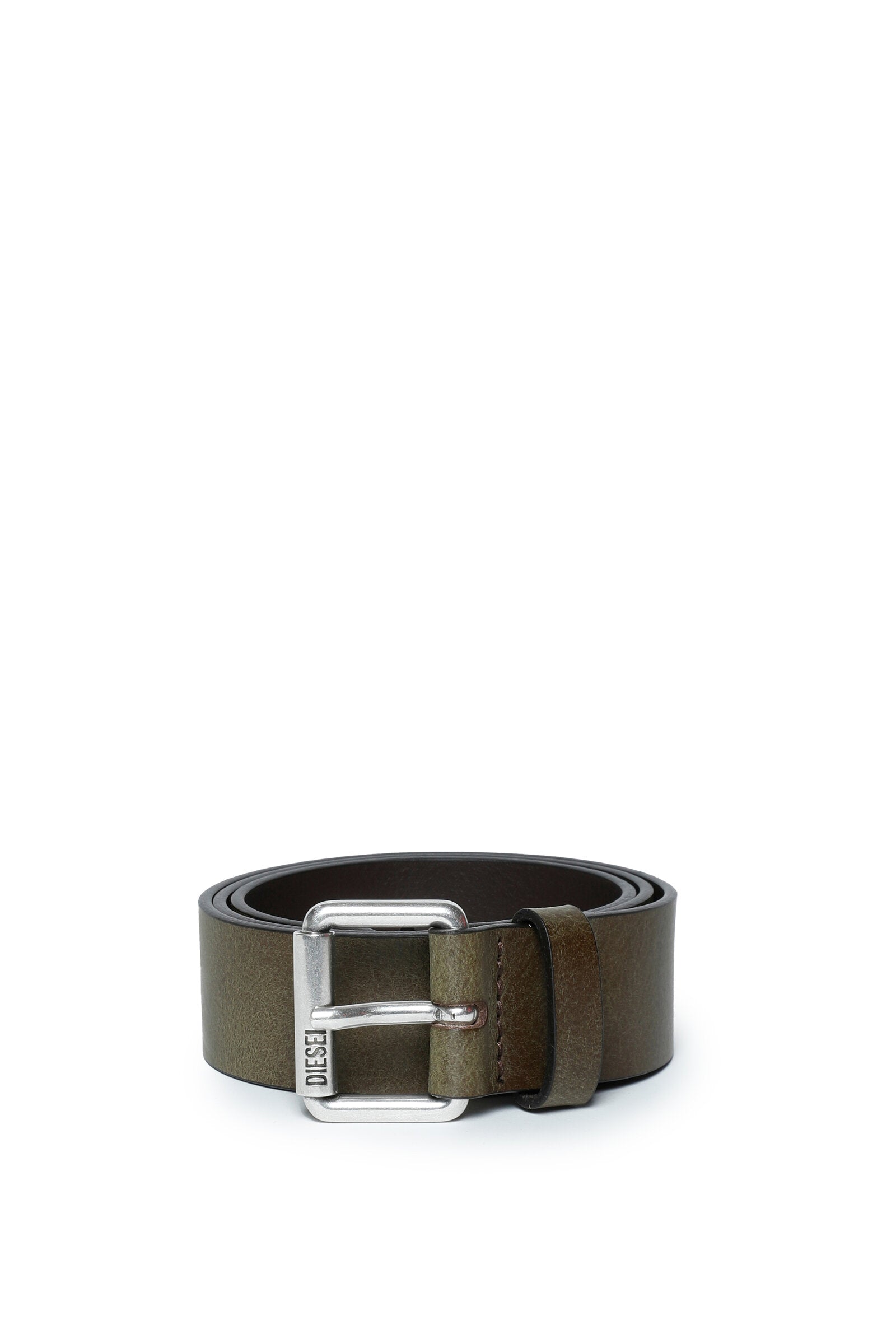 Brown leather belt with logo on buckle