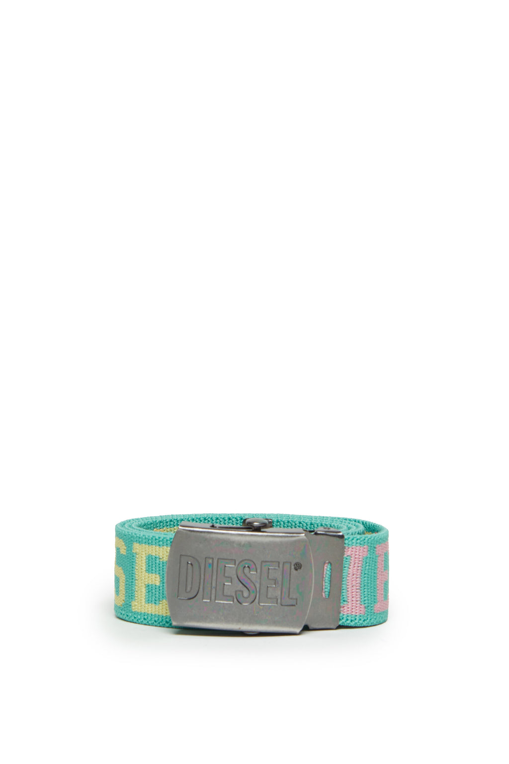 Green ribbon belt with colored logo