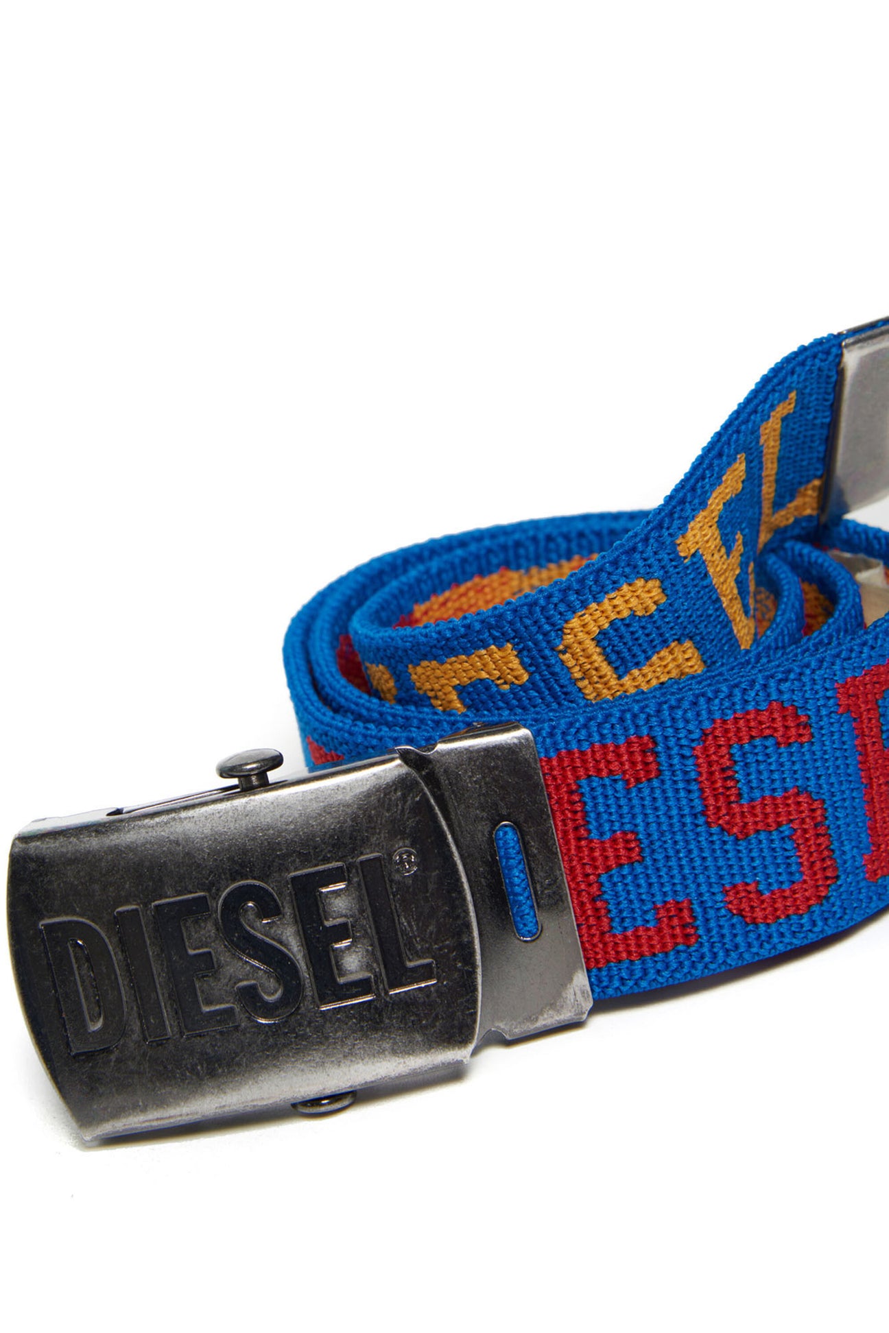 Blue ribbon belt with colored logo Blue ribbon belt with colored logo