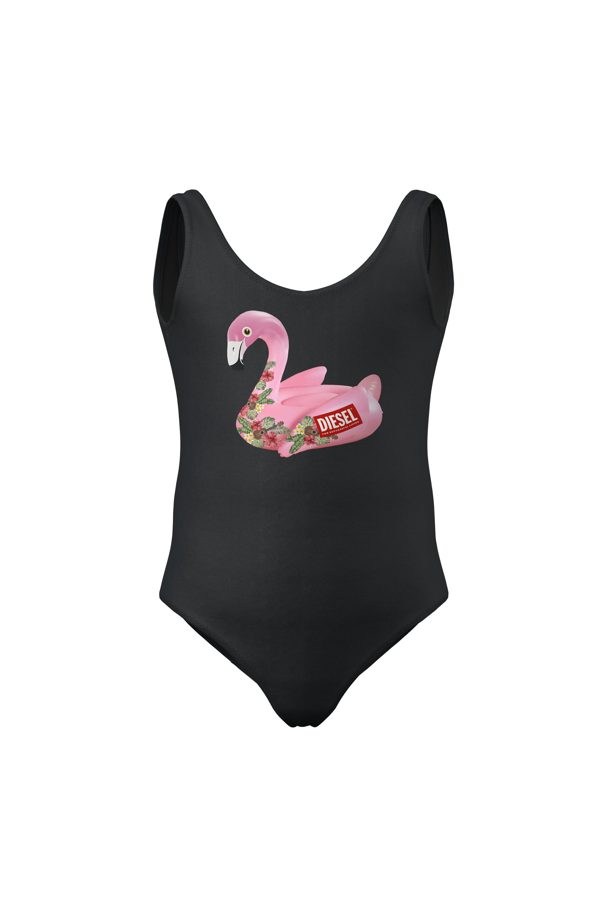 Black Lycra one-piece swimsuit with pink flamingo print
