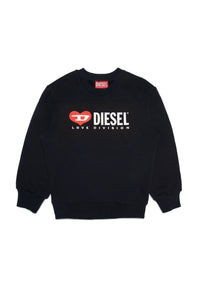 Black crewneck sweatshirt with Diesel "Love Division" logo