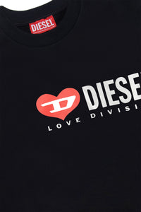 Black crewneck sweatshirt with Diesel "Love Division" logo