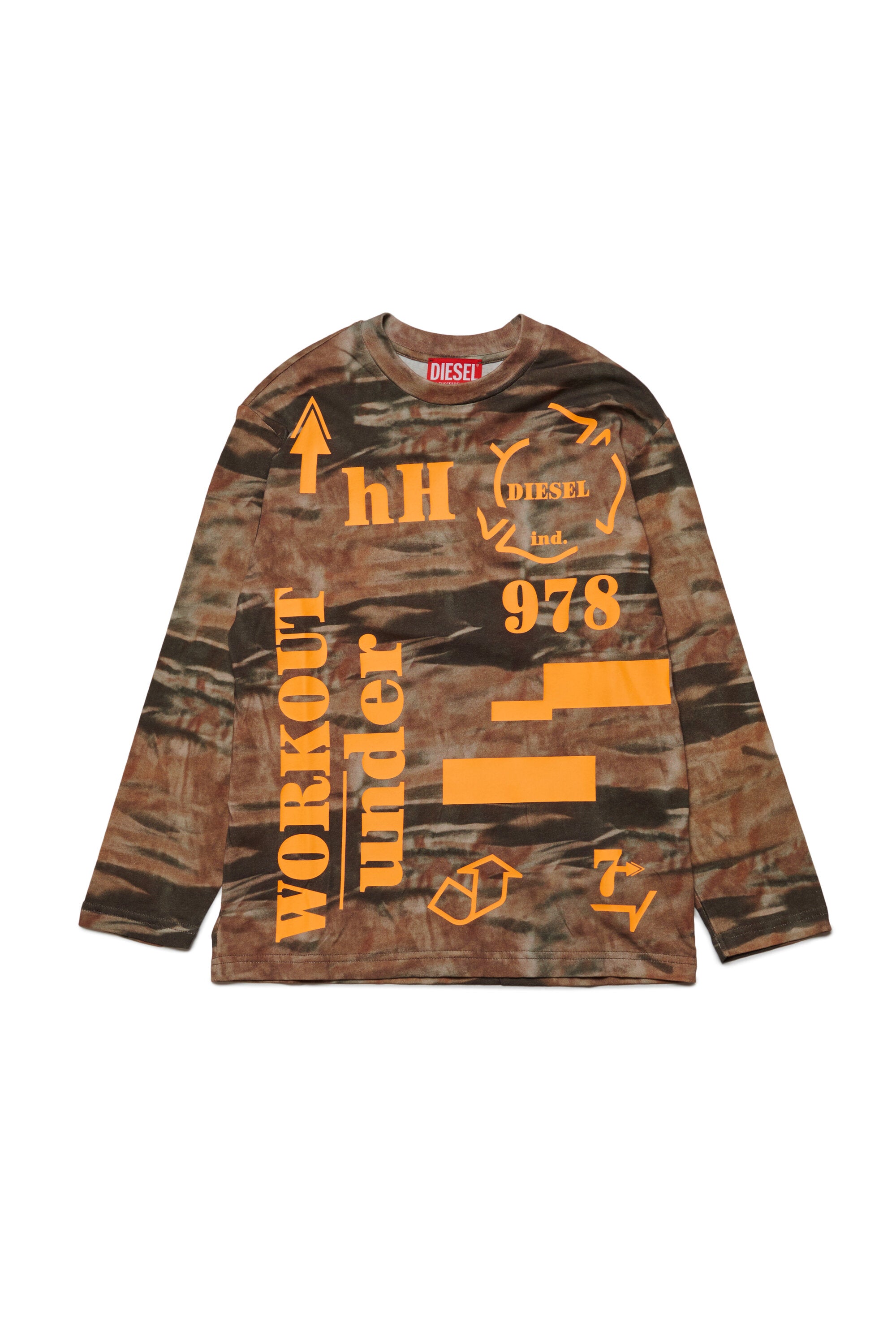 Jersey T-shirt with allover camouflage pattern and lettering