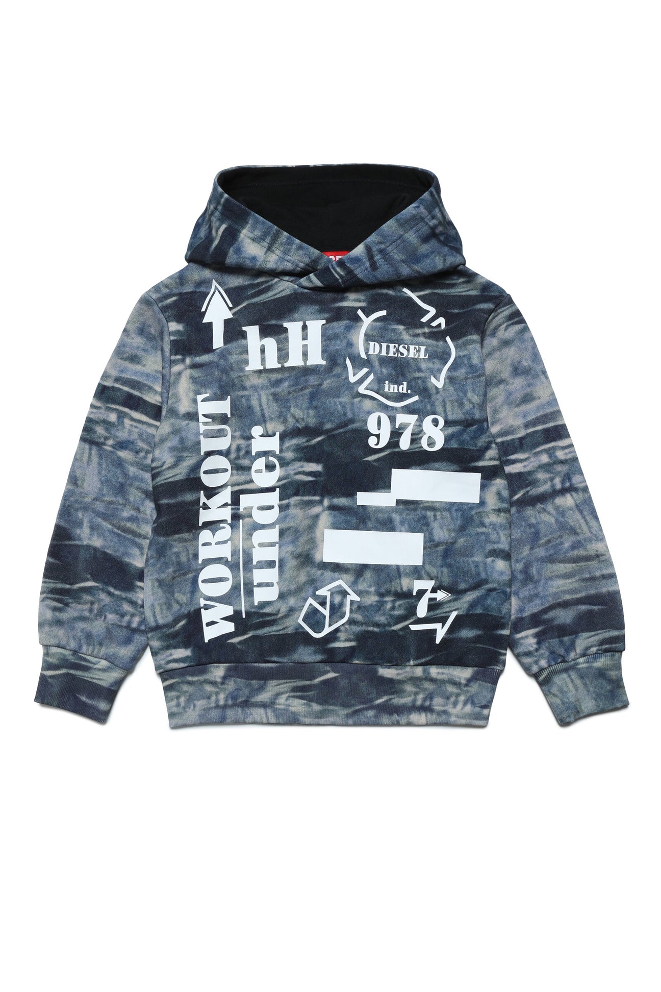Hooded cotton sweatshirt with allover camouflage pattern and lettering 