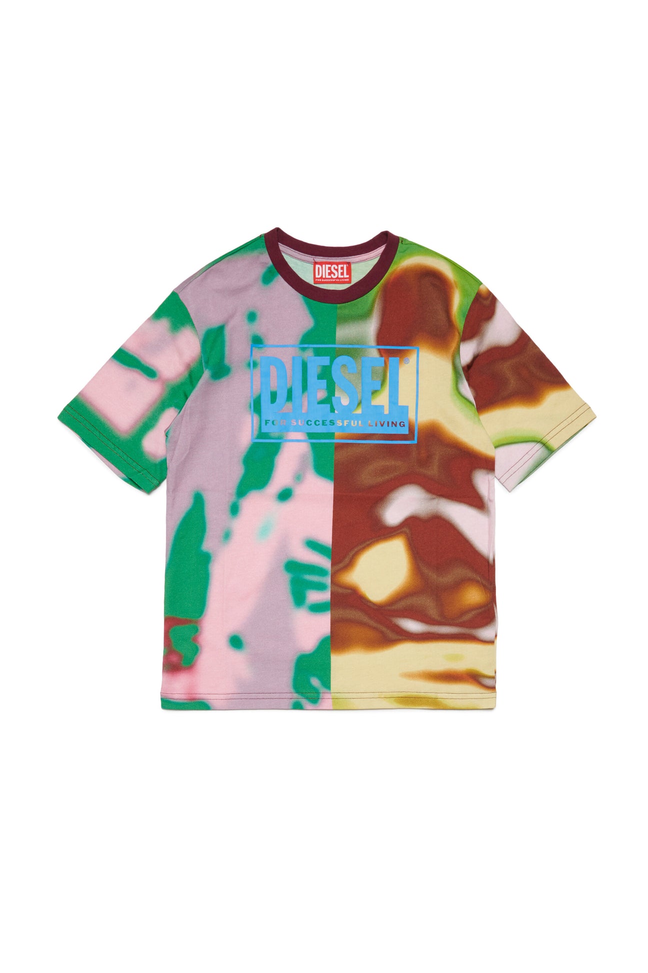 T-shirt girocollo in jersey allover multicolore con stampa abstract e logo 