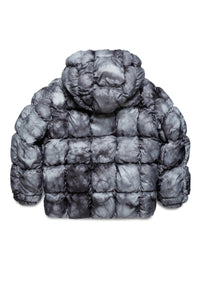 Hooded padded jacket with smock stitch irregular dye effect