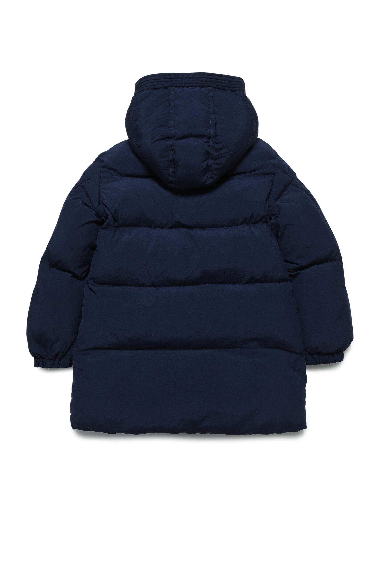 Hooded long padded jacket with patch