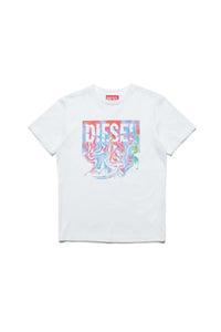 Crew-neck jersey T-shirt with multicolor logo fluid effect