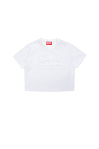 Crew-neck jersey T-shirt with chenille-effect logo
