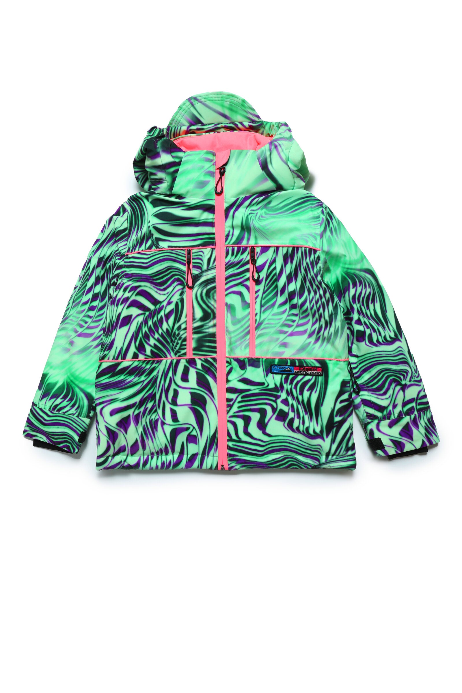 Hooded ski jacket with optical allover pattern