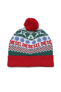 Wool-blend beanie with Christmas pattern and pompom
