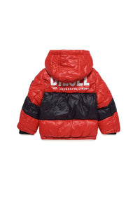Red and black colour block nylon down jacket
