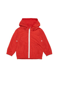 Red jacket with hood and extra-large logo