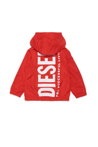 Red jacket with hood and extra-large logo