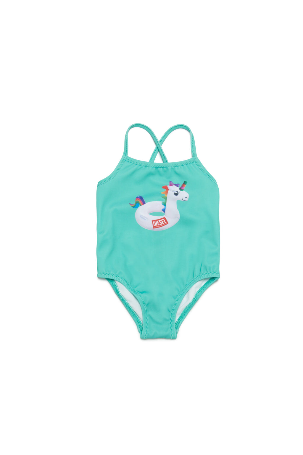 Green lycra one-piece swimsuit with unicorn print