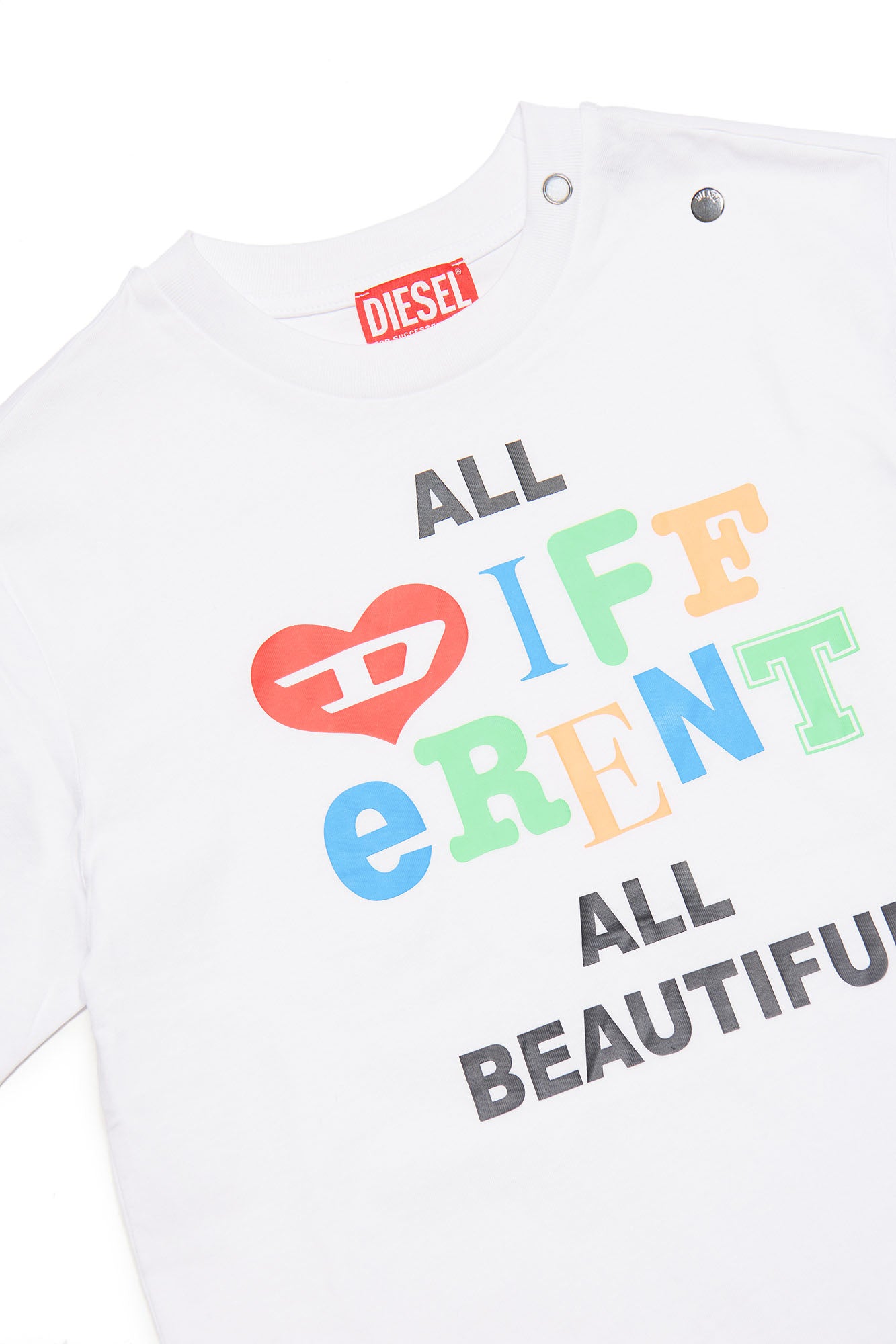 White jersey T-shirt with "All different, all beautiful" graphic
