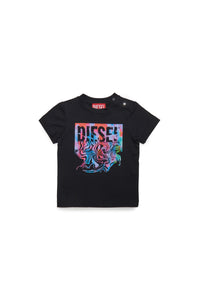 Crew-neck jersey t-shirt with multicolor logo fluid effect