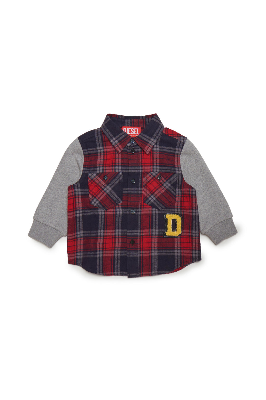 Flannel and jersey plaid shirt with patch
