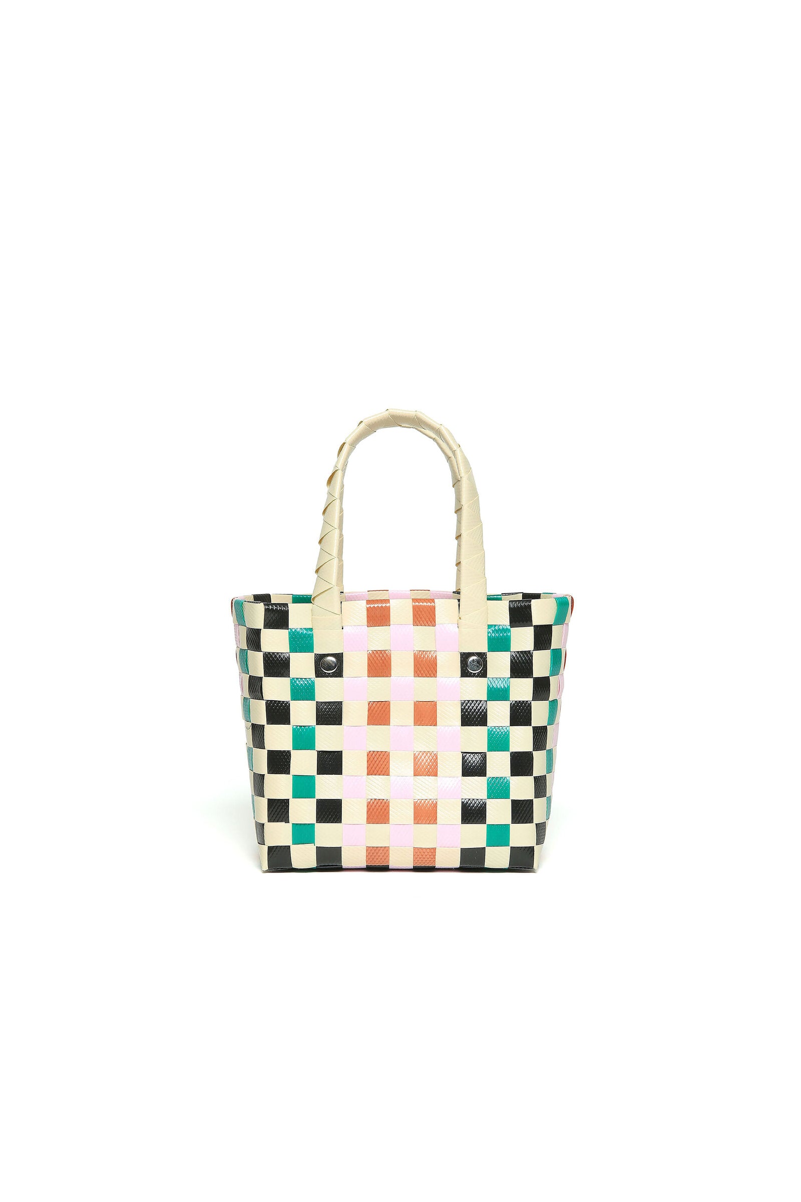 White woven micro basket bag with handles and applied logo