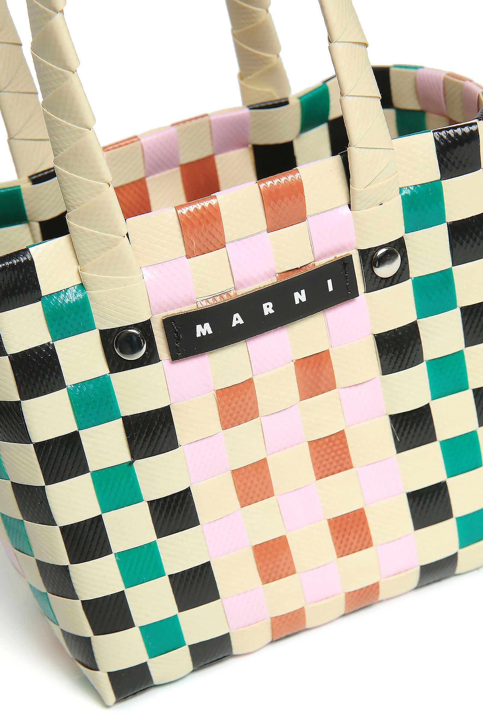 White woven micro basket bag with handles and applied logo