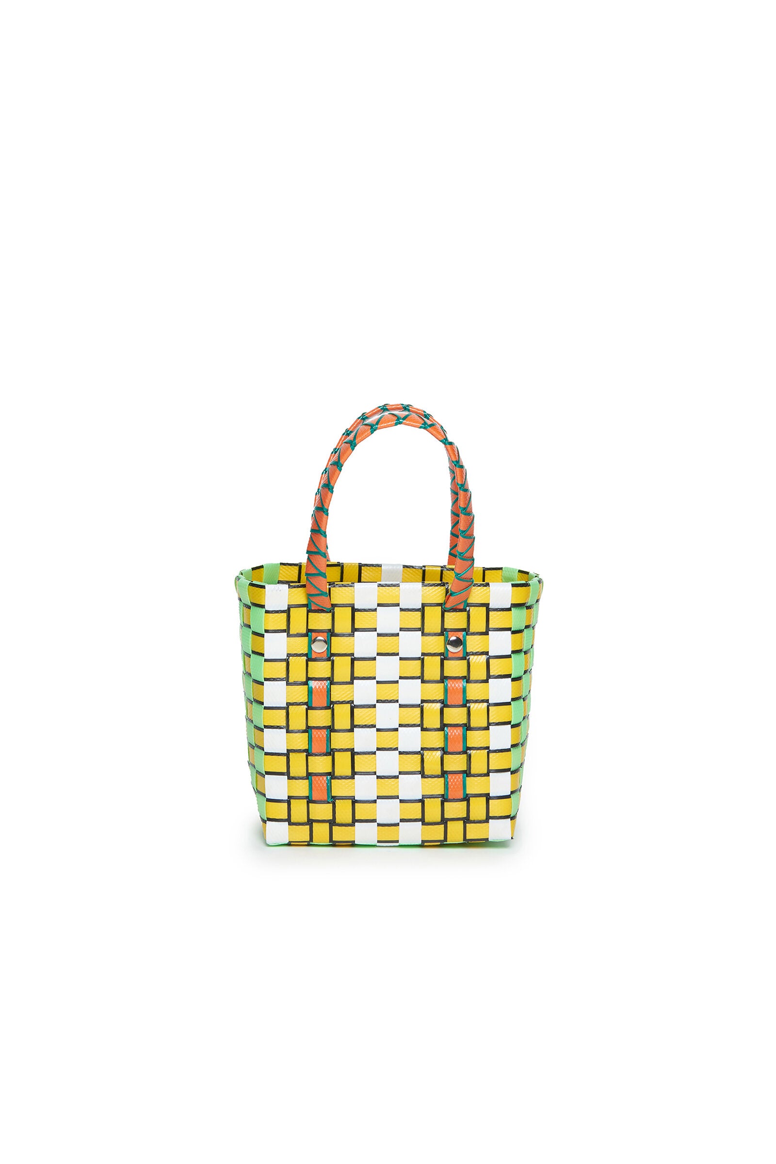 Micro basket bag amarilla tejida con asas y logotipo aplicado