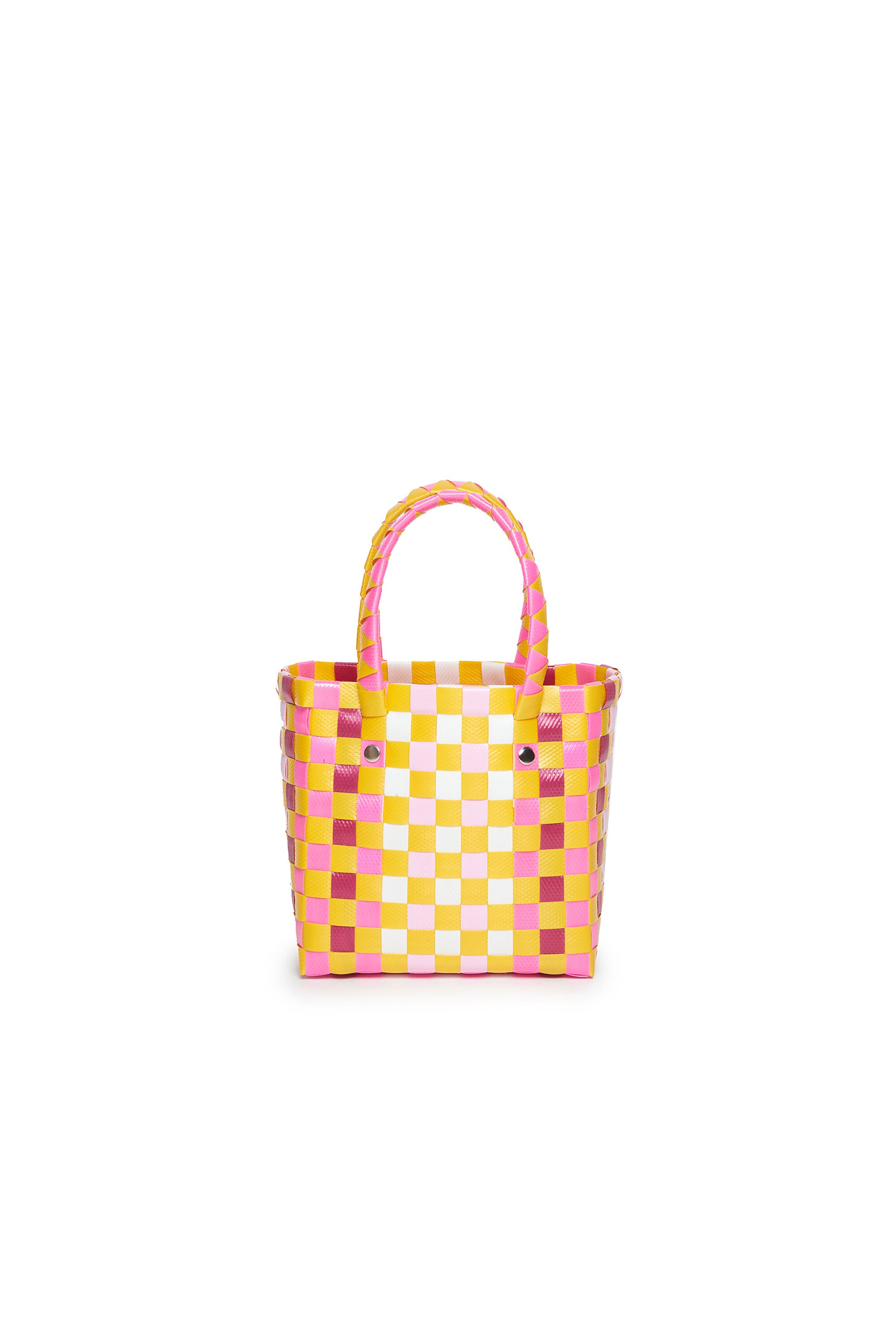 Micro basket bag rosa fluo tejida con asas y logotipo aplicado