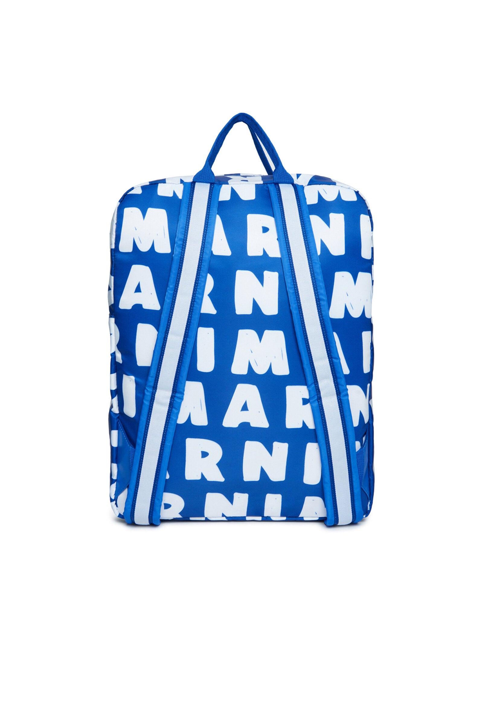 Blue backpack with zip fastening and allover maxi-logo pattern