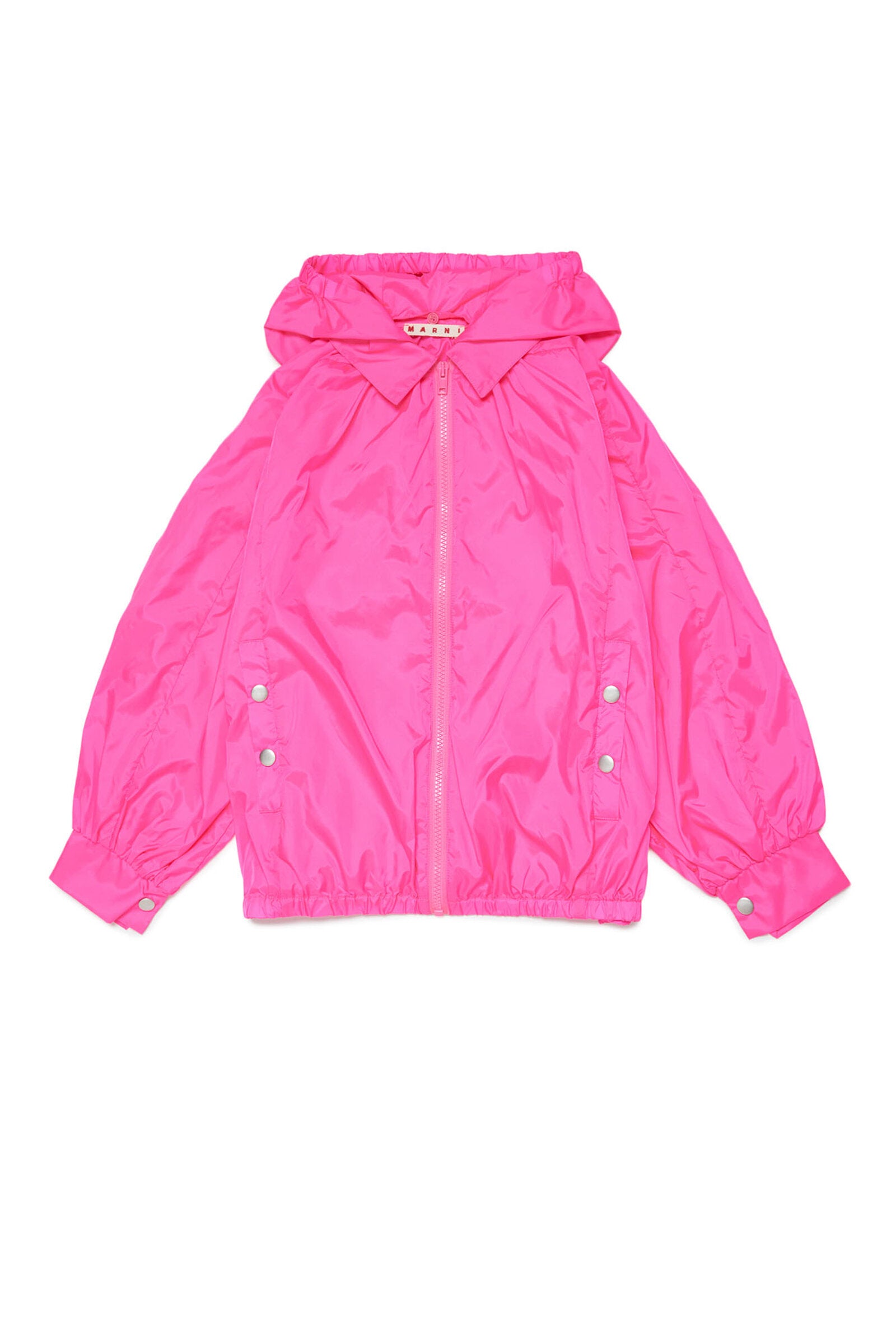 Fluo pink waterproof unlined jacket with zip and logo on the hood