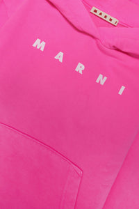Fluo pink cotton hooded sweatshirt with logo