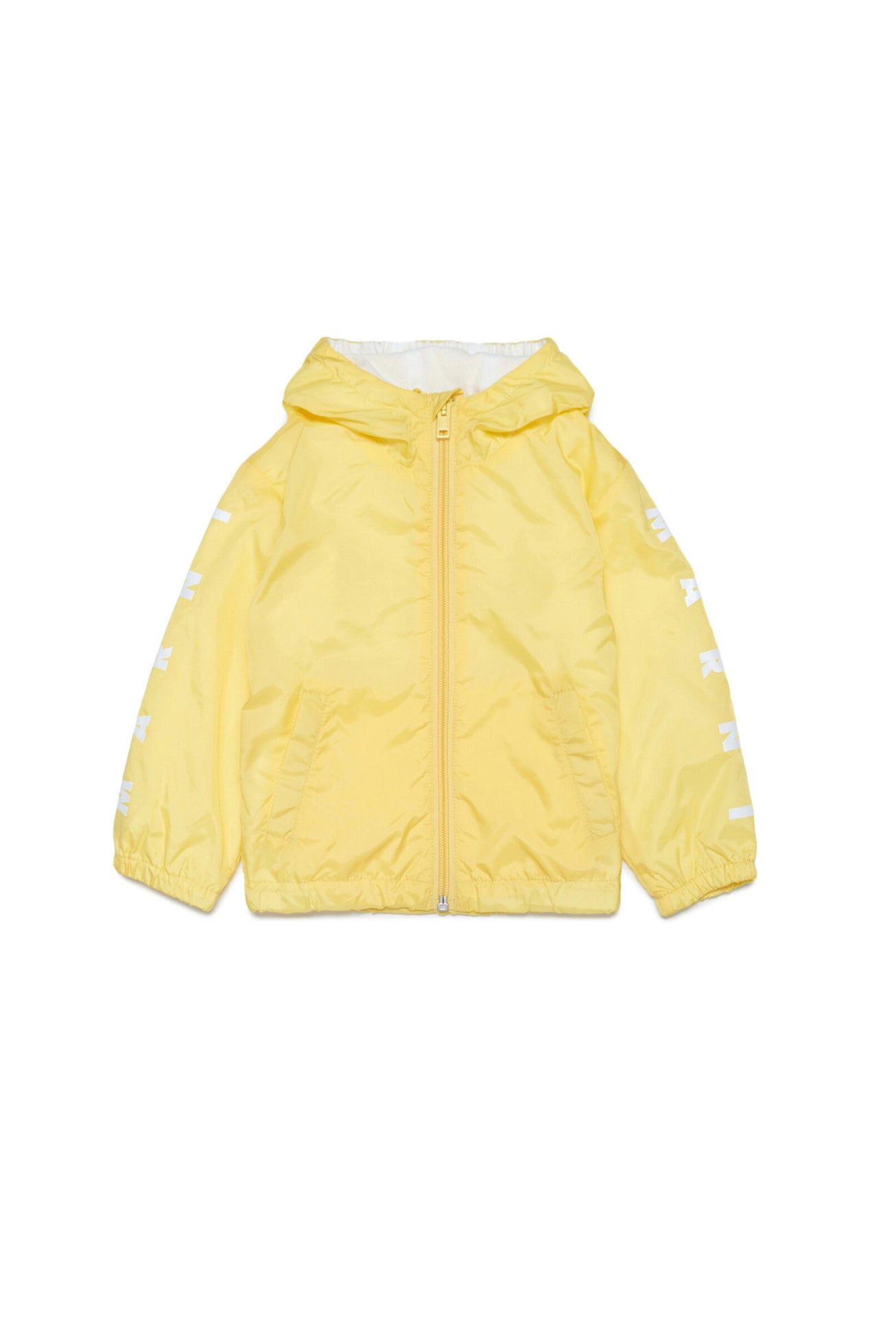 Yellow waterproof lined jacket with hood, zip and logo on the sleeves 