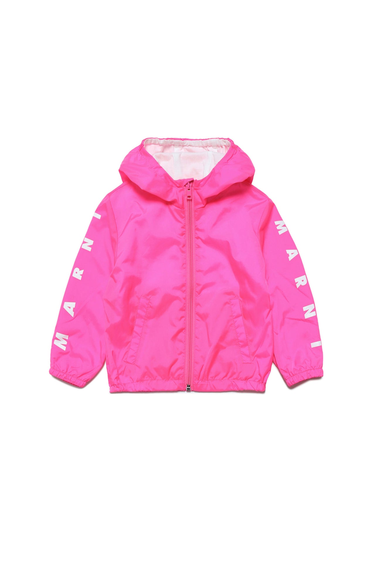 Fluo pink waterproof lined jacket with hood, zip and logo on the sleeves 