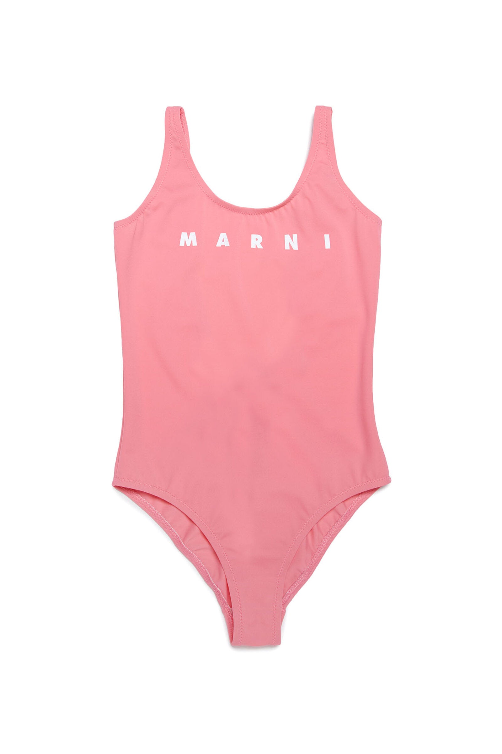 Peachy pink one-piece swimming costume in lycra with logo