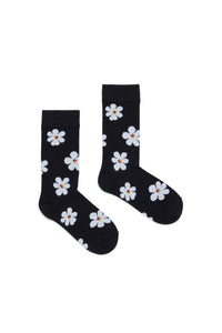 Black cotton-blend socks with jacquard daisy pattern