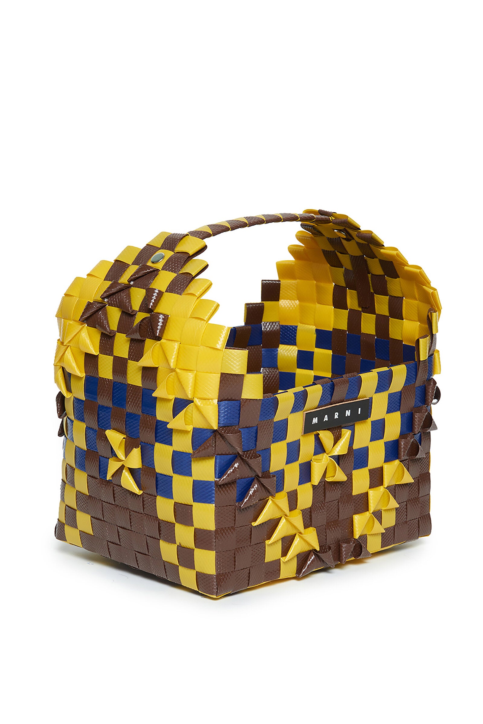 Rainbow bag amarilla tejida con una sola asa y el logotipo aplicado