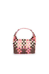 Rainbow bag rosa tejida con asa simple y logotipo aplicado
