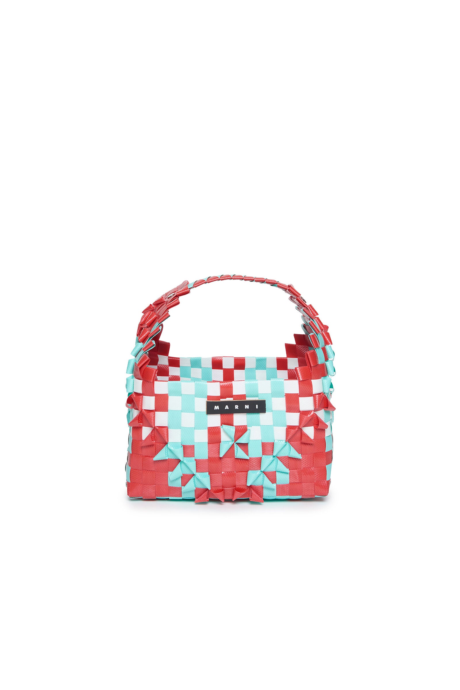 Red woven Rainbow bag with single handle and applied logo